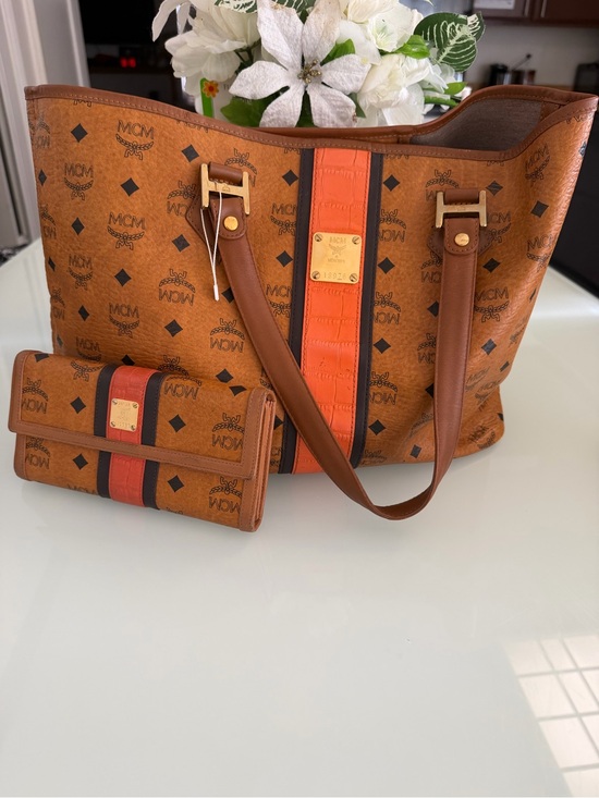 MCM Handbags - MCM Cognac and Orange Visetos Stripe Tote with Matching Wallet